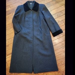 VTG Wool Womens Coat Velvet Collar Midi Long Gray Black 14